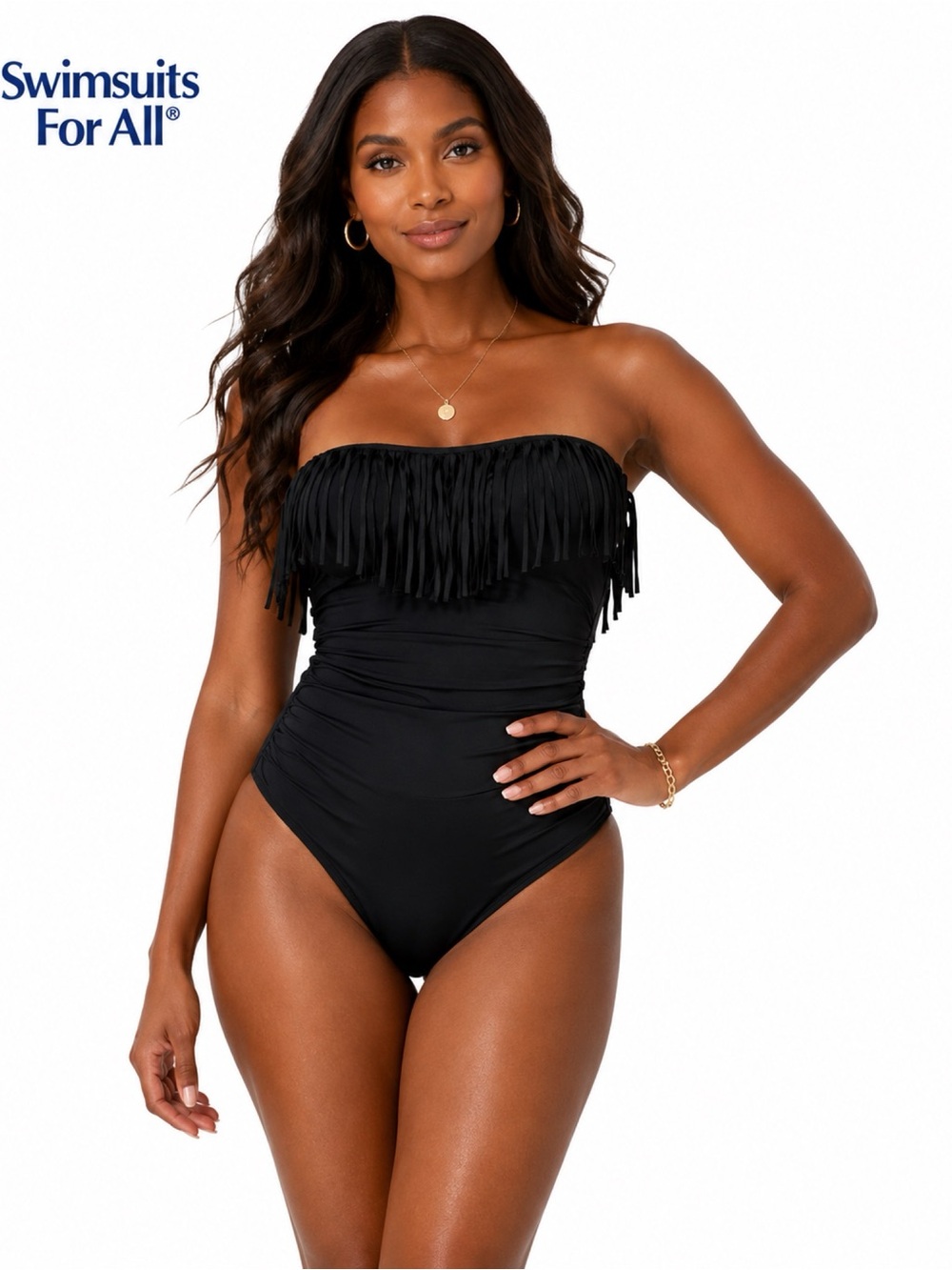 SWIMSUITS FOR ALL Black Fringe One Piece Swimsuit